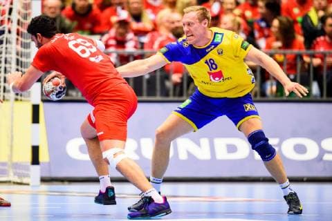190119 Fredric Pettersson of Sweden and Jihed Jaballah of Tunisia during the IHF World Handball Championship match between Tunisia and Sweden on January 19, 2019 in Herning. Photo: Petter Arvidson BILDBYRAN kod PA 92204 Copyright: PETTERxARVIDSON BB190119PA088