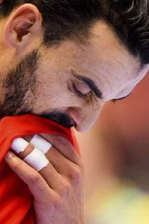 190119 Oussama Boughanmi of Tunisia looks dejected during the IHF World Handball Championship match between Tunisia and Sweden on January 19, 2019 in Herning. Photo: Petter Arvidson BILDBYRAN kod PA 92204 Copyright: PETTERxARVIDSON BB190119PA115