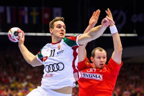 190119 Patrik Ligetvari of Hungary and Simon Hald of Denmark during the IHF World Handball Championship match between Denmark and Hungary on January 19, 2019 in Herning. Photo: Petter Arvidson BILDBYRN kod PA 92205 Copyright: PETTERxARVIDSON BB190119PA121