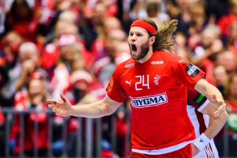 190119 Mikkel Hansen of Denmark celebrates during the IHF World Handball Championship match between Denmark and Hungary on January 19, 2019 in Herning. Photo: Petter Arvidson BILDBYRN kod PA 92205 Copyright: PETTERxARVIDSON BB190119PA123