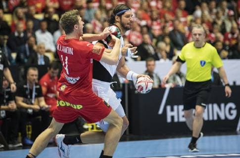 Magnus Landin Jacobsen (Denmark- 4) left against László Nagy (Hungary 19) of Hungary during the men s IHF Handball World Championship WM Weltmeisterschaft Main Round Group 2 Denamrk vs Hungary match in Herning, Denmark, on saturday, Jan. 19, 2019.. , Herning DK Copyright: ClausxFisker ClausxFiskerx cop104 spdk20190119-205321-L