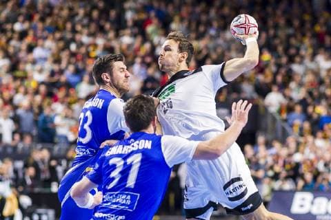 Köln, Deutschland 19. Januar 2019: WM 2019 Männer - Hauptrunde - Deutschland vs. Island v.li. Olafur Gustafsson (Island), Teitur Orn Einarrson (Island), Kai Häfner Haefner (Deutschland TSV Hannover) Köln Lanxess Arena Nordrhein-Westfalen Deutschland
