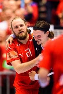 190119 Henrik Mollgaard and goalkeeper Jannick Green of Denmark celebrates after the IHF World Handball Championship match between Denmark and Hungary on January 19, 2019 in Herning. Photo: Petter Arvidson BILDBYRAN kod PA 92205 Copyright: PETTERxARVIDSON BB190119PA154