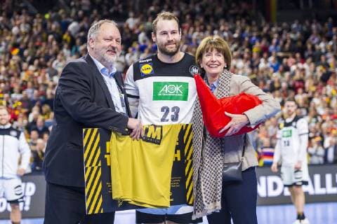 Köln, Deutschland 19. Januar 2019: WM 2019 Männer - Hauptrunde - Deutschland vs. Island DHB Präsident Andreas Michelmann, Steffen Fäth Faeth (Deutschland Rhein-Neckar Loewen) Köln Lanxess Arena Nordrhein-Westfalen Deutschland