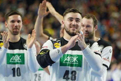 GER, IHF WM 2019, Deutschland (GER) vs Island (ISL) 19.01.2019, Lanxess Arena , Koeln, GER, IHF WM 2019, Deutschland (GER) vs Island (ISL) , im Bild picture shows: Jannik Kohlbacher (GER 48), freut sich ueber den Sieg