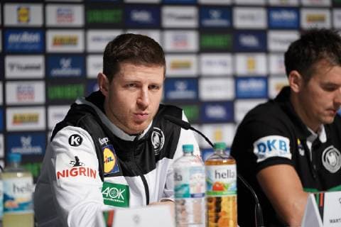 GER, IHF WM 2019, Deutschland (GER) vs Island (ISL) 19.01.2019, Lanxess Arena , Koeln, GER, IHF WM 2019, Deutschland (GER) vs Island (ISL) , im Bild picture shows: Martin Strobel (GER 19), Pressekonferenz (PK) nach dem Spiel,