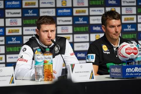 GER, IHF WM 2019, Deutschland (GER) vs Island (ISL) 19.01.2019, Lanxess Arena , Koeln, GER, IHF WM 2019, Deutschland (GER) vs Island (ISL) , im Bild picture shows: Martin Strobel (GER 19), Pressekonferenz (PK) nach dem Spiel, re Christian Prokop Headcoach Trainer (GER).