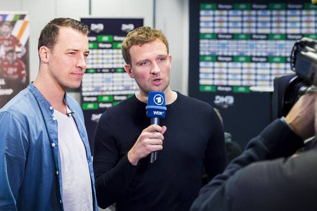 Köln, Deutschland 20. Januar 2019: WM 2019 Männer - Mediaday Deutschland v.li. ARD Experte Dominik Klein, ARD Moderator Lennert Brinkhoff Köln AOK Nordrhein-Westfalen Deutschland