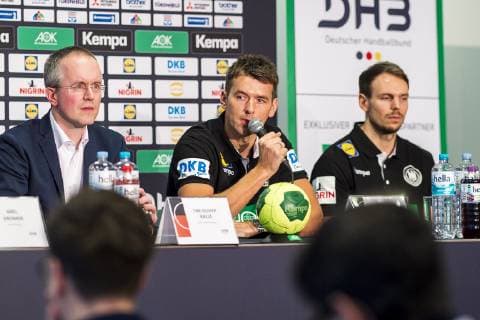 Köln, Deutschland 20. Januar 2019: WM 2019 Männer - Mediaday Deutschland Pressesprecher Tim Oliver Kalle, Trainer Christian Prokop (Deutschland), Kai Häfner Haefner (Deutschland TSV Hannover) Köln AOK Nordrhein-Westfalen Deutschland