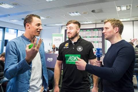 Köln, Deutschland 20. Januar 2019: WM 2019 Männer - Mediaday Deutschland v.li. Dominik Klein (ARD-Experte), Jannik Kohlbacher (Deutschland Rhein-Neckar Loewen), ARD Moderator Lennert Brinkhoff Köln AOK Nordrhein-Westfalen Deutschland