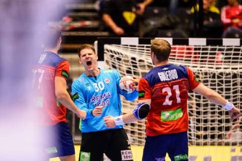 Handball WM, Norwegen - Ägypten 190120 Goalkeeper Torbjorn Bergerud of Norway celebrates during the IHF World Handball Championship match between Norway and Egypt on January 20, 2019 in Herning. Photo: Petter Arvidson BILDBYRAN kod PA 92208 Copyright: PETTERxARVIDSON BB190120PA107