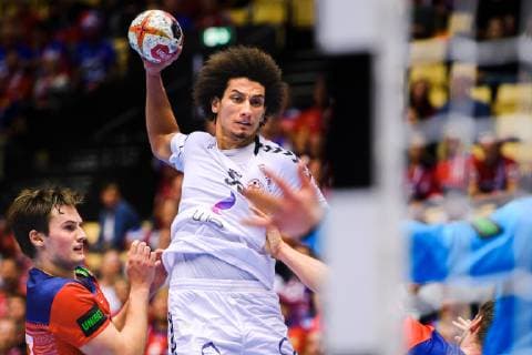 Handball WM, Norwegen - Ägypten 190120 Magnus Abelvik R¿d of Norway and Ali Zeinelabedin of Egypt during the IHF World Handball Championship match between Norway and Egypt on January 20, 2019 in Herning. Photo: Petter Arvidson BILDBYRN kod PA 92208 Copyright: PETTERxARVIDSON BB190120PA122