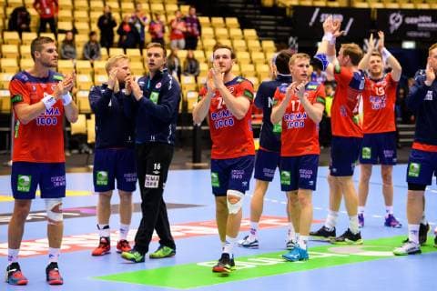 Handball WM, Norwegen - Ägypten 190120 The players of Norway celebrates after the IHF World Handball Championship match between Norway and Egypt on January 20, 2019 in Herning. Photo: Petter Arvidson BILDBYRAN kod PA 92208 Copyright: PETTERxARVIDSON BB190120PA141