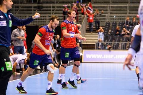 Handball WM, Norwegen - Ägypten 190120 Christian O Sullivan and Sander Sagosen celebrates after the IHF World Handball Championship match between Norway and Egypt on January 20, 2019 in Herning. Photo: Petter Arvidson BILDBYRAN kod PA 92208 Copyright: PETTERxARVIDSON BB190120PA143