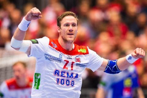 190121 Magnus Gullerud of Norway celebrates during the IHF World Handball Championship match between Sweden and Norway on January 21, 2019 in Herning. Photo: Petter Arvidson BILDBYRAN kod PA 92209 Copyright: PETTERxARVIDSON BB190121PA023