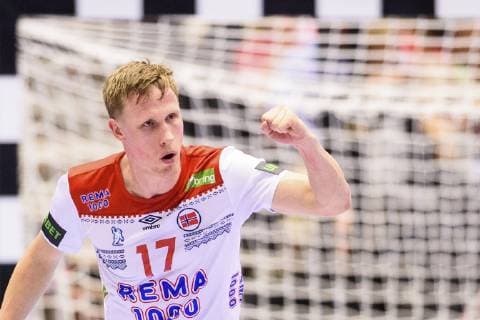 190121 Magnus Jondal of Norway celebrates during the IHF World Handball Championship match between Sweden and Norway on January 21, 2019 in Herning. Photo: Petter Arvidson BILDBYRAN kod PA 92209 Copyright: PETTERxARVIDSON BB190121PA046