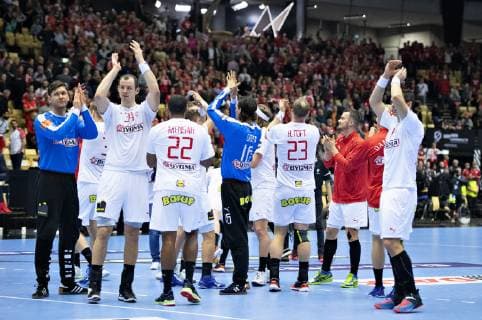 The danish players celebrate their victory in the men s IHF Handball World Championship WM Weltmeisterschaft Main Round Group 2 match between Egypt and Denmark in Herning, Denmark, Monday, Jan. 21, 2019.. , Herning Jylland Denmark Copyright: HenningxBagger HenningxBaggerx COP105 spdk20190121-221033-L