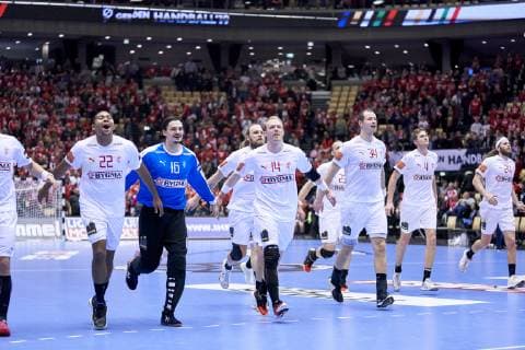 IHF Men s World Championship WM Weltmeisterschaft 2019 Group C handball match. The team of Denmark celebrates with teammates after the men s IHF Handball World Championship Main Round Group 2 between Denmark and Egypt at the Jyske Bank Boxen arena in Herning Denmark on Monday January 21, 2019. Denmark 