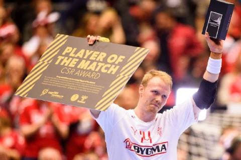 190121 Anders Zachariassen of Denmark celebrates after the IHF World Handball Championship match between Egypt and Denmark on January 21, 2019 in Herning. Photo: Petter Arvidson BILDBYRAN kod PA 92210 Copyright: PETTERxARVIDSON BB190121PA148