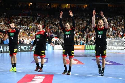 Jannik Kohlbacher (Deutschland), Patrick Groetzki (Deutschland)und Fabian Boehm (Deutschland) feiern den Sieg, Kroatien vs Deutschland, IHF Maenner Handball Weltmeisterschaft, 21.01.2019 Fotograf Neis Eibner Kroatien vs Deutschland, IHF Maenner Handball Weltmeisterschaft, 21.01.2019 Köln Copyright: xEIBNER Alexander_Neisx EP_ANS