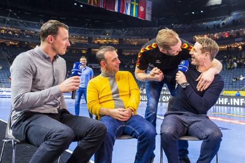 Köln, Deutschland 21. Januar 2019: WM 2019 Männer - Hauptrunde - Kroatien vs. Deutschland v.li. Dominik Klein, Bob Hanning, Johannes Bitter, Alexander Bommes Köln Lanxess Arena Nordrhein-Westfalen Deutschland