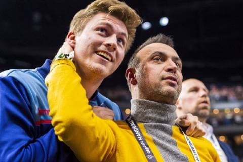 Köln, Deutschland 21. Januar 2019: WM 2019 Männer - Hauptrunde - Kroatien vs. Deutschland v.li. Franz Semper (SC DHfK Leipzig) und Bob Hanning Jubel Freude Emotion Köln Lanxess Arena Nordrhein-Westfalen Deutschland