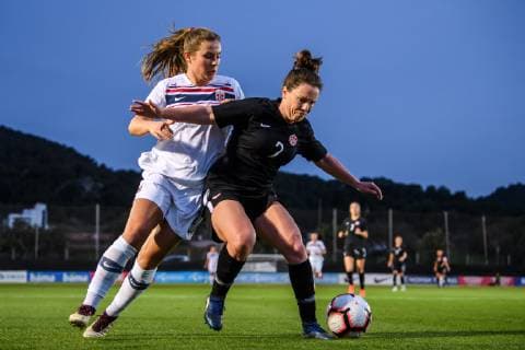 190122 Emilie Bosshard Haavi of Norway and Allysha Chapman of Canada during the International Friendly Länderspiel match between Norway and Canada on January 22, 2019 in La Manga. Photo: Vegard Wivestad Gr¿tt BILDBYRN kod VG 170271 Copyright: VEGARDxWIVESTADxGR¯TT BB190122BB618