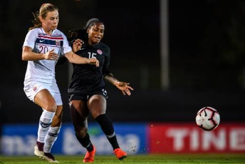 190122 Emilie Bosshard Haavi of Norway and Nichelle Prince of Canada during the International Friendly Länderspiel match between Norway and Canada on January 22, 2019 in La Manga. Photo: Vegard Wivestad Gr¿tt BILDBYRN kod VG 170271 Copyright: VEGARDxWIVESTADxGR¯TT BB190122BB639