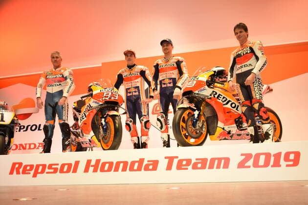 MotoGP - Repsol Honda Team Presentation - Campus Repsol, Madrid, Spain - January 23, 2019 Former Repsol riders Mick Doohan (L) and Alex Criville (R) with Repsol s Marc Marquez and Jorge Lorenzo during the presentation Cordon Press