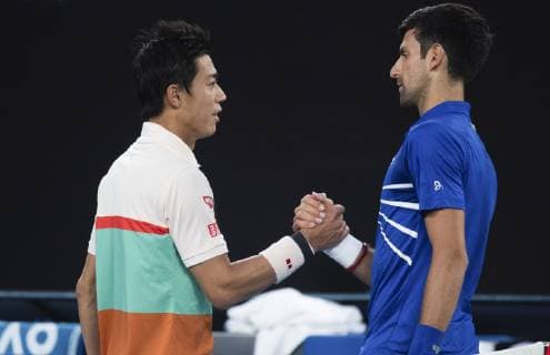 (190123) -- MELBOUREN, Jan. 23, 2019 (Xinhua) -- Novak Djokovic (R) of Serbia greets Kei Nishikori of Japan after the men s singles quarterfinals match at 2019 Australian Open in Melbourne, Australia, Jan. 23, 2019. (Xinhua Bai Xue) (SP)AUSTRALIA-MELBOUREN-TENNIS-AUSTRALIA OPEN 