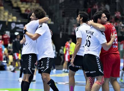 The players of Egypt celebrate the victory in the men s IHF Handball World Championship WM Weltmeisterschaft Main Round Group 2 match between Tunisia and Egypt in Herning, Denmark, Wednesday, Jan. 23, 2019.. , Herning Jylland Denmark Copyright: HenningxBagger HenningxBaggerx COP103 spdk20190123-170249-L