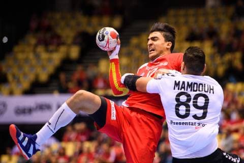 190123 Yousef Maaref of Tunisia and Mohamed Shebib of Egypt during the IHF World Handball Championship match between Tunisia and Egypt on January 23, 2019 in Herning. Photo: Petter Arvidson BILDBYRAN kod PA 92211 Copyright: PETTERxARVIDSON BB190123PA003