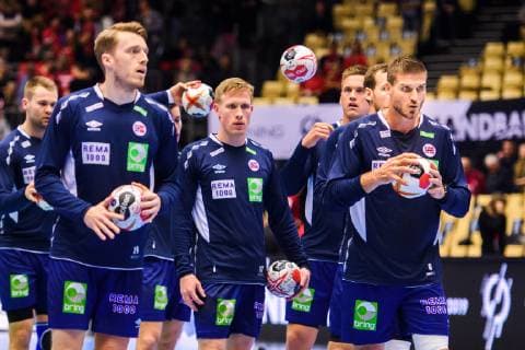 190123 Players of Norway during warm up ahead of the IHF World Handball Championship match between Norway and Hungary on January 23, 2019 in Herning. Photo: Petter Arvidson BILDBYRN kod PA 92212 Copyright: PETTERxARVIDSON BB190123PA005