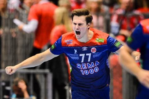 190123 Magnus Abelvik R¿d of Norway celebrates during the IHF World Handball Championship match between Norway and Hungary on January 23, 2019 in Herning. Photo: Petter Arvidson BILDBYRN kod PA 92212 Copyright: PETTERxARVIDSON BB190123PA008