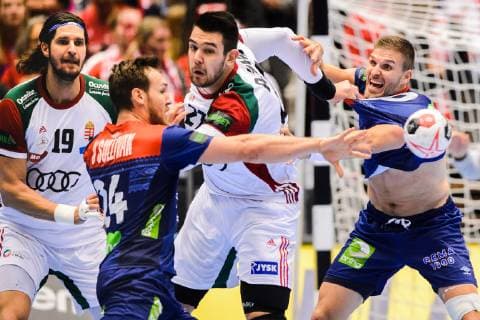 190123 Christian O Sullivan and Bjarte Myrhol of Norway in a duel with Laszlo Nagy and Bence Banhidi of Hungary during the IHF World Handball Championship match between Norway and Hungary on January 23, 2019 in Herning. Photo: Petter Arvidson BILDBYRN kod PA 92212 Copyright: PETTERxARVIDSON BB190123PA014