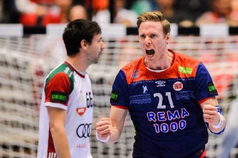 190123 Magnus Gullerud of Norway celebrates during the IHF World Handball Championship match between Norway and Hungary on January 23, 2019 in Herning. Photo: Petter Arvidson BILDBYRN kod PA 92212 Copyright: PETTERxARVIDSON BB190123PA017