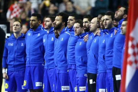 die franzoesische Mannschaft bei der Nationalhymne, Frankreich vs Kroatien, IHF Maenner Handball Weltmeisterschaft, 23.01.2019 Fotograf Neis Eibner Frankreich vs Kroatien, IHF Maenner Handball Weltmeisterschaft, 23.01.2019 Köln Copyright: xEIBNER Alexander_Neisx EP_ANS