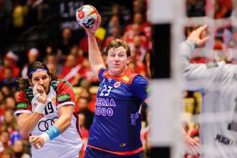 190123 Laszlo Nagy of Hungary and G¿ran Johannessen of Norway during the IHF World Handball Championship match between Norway and Hungary on January 23, 2019 in Herning. Photo: Petter Arvidson BILDBYRN kod PA 92212 Copyright: PETTERxARVIDSON BB190123PA035