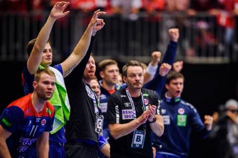 190123 Substitutes of Norway celebrates during the IHF World Handball Championship match between Norway and Hungary on January 23, 2019 in Herning. Photo: Petter Arvidson BILDBYRN kod PA 92212 Copyright: PETTERxARVIDSON BB190123PA037