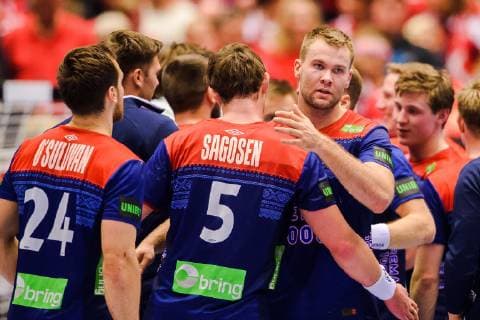 190123 Petter ¯verby and Sander Sagosen of Norway celebrates after the IHF World Handball Championship match between Norway and Hungary on January 23, 2019 in Herning. Photo: Petter Arvidson BILDBYRN kod PA 92212 Copyright: PETTERxARVIDSON BB190123PA038
