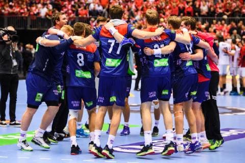 190123 Players of Norway celebrates after the IHF World Handball Championship match between Norway and Hungary on January 23, 2019 in Herning. Photo: Petter Arvidson BILDBYRN kod PA 92212 Copyright: PETTERxARVIDSON BB190123PA041