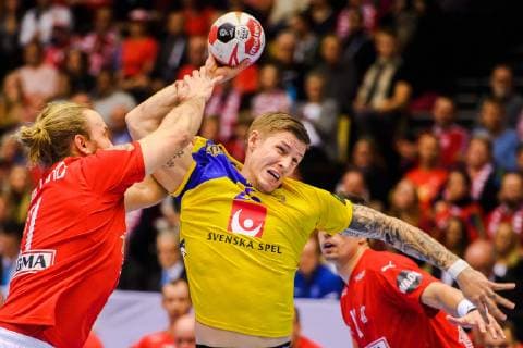 190123 Henrik M¿llgaard of Denmark and Linus Arnesson of Sweden during the IHF World Handball Championship match between Denmark and Sweden on January 23, 2019 in Herning. Photo: Petter Arvidson BILDBYRN kod PA 92213 Copyright: PETTERxARVIDSON BB190123PA057