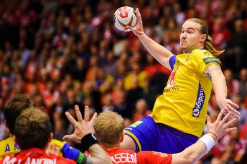190123 Lukas Nilsson of Sweden during the IHF World Handball Championship match between Denmark and Sweden on January 23, 2019 in Herning. Photo: Petter Arvidson BILDBYRN kod PA 92213 Copyright: PETTERxARVIDSON BB190123PA063