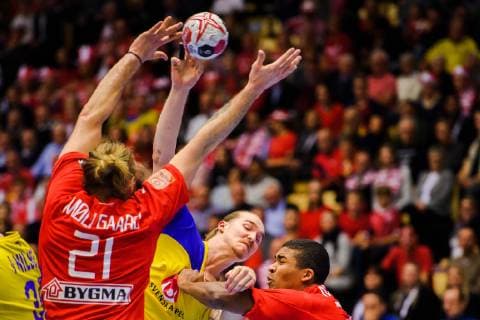 190123 Lukas Nilsson of Sweden in a duel with Mads Mensah of Denmark during the IHF World Handball Championship match between Denmark and Sweden on January 23, 2019 in Herning. Photo: Petter Arvidson BILDBYRN kod PA 92213 Copyright: PETTERxARVIDSON BB190123PA068