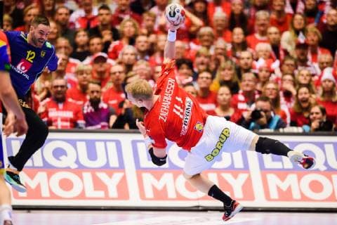190123 Anders Zachariassen of Denmark and goalkeeper Andreas Palicka of Sweden during the IHF World Handball Championship match between Denmark and Sweden on January 23, 2019 in Herning. Photo: Petter Arvidson BILDBYRN kod PA 92213 Copyright: PETTERxARVIDSON BB190123PA069