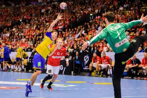 190123 Jerry Tollbring of Sweden scores behind Goalkeeper Niklas Landin of Denmark during the IHF World Handball Championship match between Denmark and Sweden on January 23, 2019 in Herning. Photo: Petter Arvidson BILDBYRN kod PA 92213 Copyright: PETTERxARVIDSON BB190123PA070