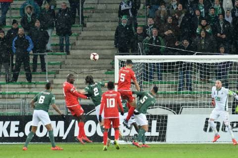 Neven Subotic et Thimothee Kolodziejczak (saint etienne) vs Tavares et Nayef Aguero (dijon) FOOTBALL : Saint Etienne vs Dijon - 16e de Finale de Coupe de France - 23 01 2019 FredericChambert Panoramic 