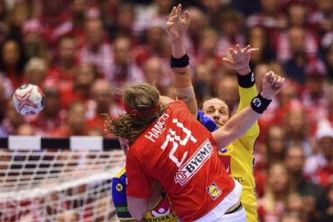 190123 Kim Ekdahl du Rietz of Sweden and Mikkel Hansen of Denmark during the IHF World Handball Championship match between Denmark and Sweden on January 23, 2019 in Herning. Photo: Petter Arvidson BILDBYRAN kod PA 92213 Copyright: PETTERxARVIDSON BB190123PA084