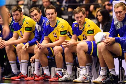 190123 Niclas Ekberg, Hampus Wanne, Jesper Konradsson and Albin Lagergren looks dejected during the IHF World Handball Championship match between Denmark and Sweden on January 23, 2019 in Herning. Photo: Petter Arvidson BILDBYRAN kod PA 92213 Copyright: PETTERxARVIDSON BB190123PA088