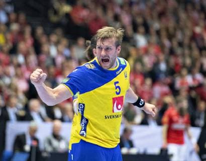Max Darj of Sweden celebrates during the men s IHF Handball World Championship WM Weltmeisterschaft Main Round Group 2 match between Denmark and Sweden in Herning, Denmark, Wednesday, Jan. 23, 2019.. , Herning Jylland Denmark Copyright: HenningxBagger HenningxBaggerx COP105 spdk20190123-211647-L